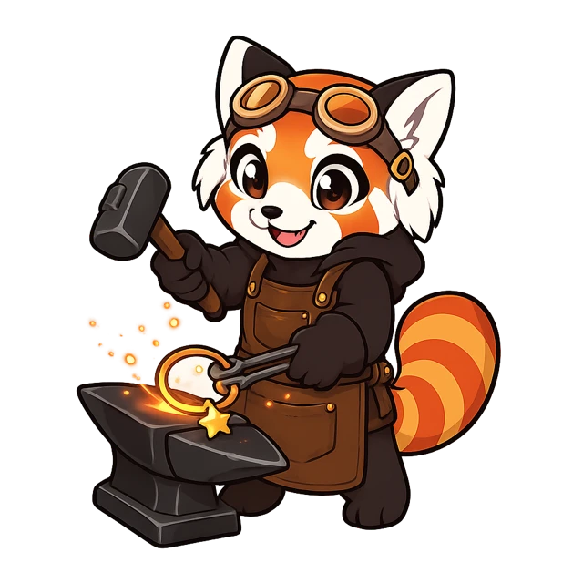 Astrax, mascotte de la forge astrale, un panda roux forgeron